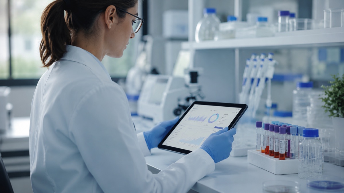 Una científica trabajando con cuidado en un laboratorio moderno