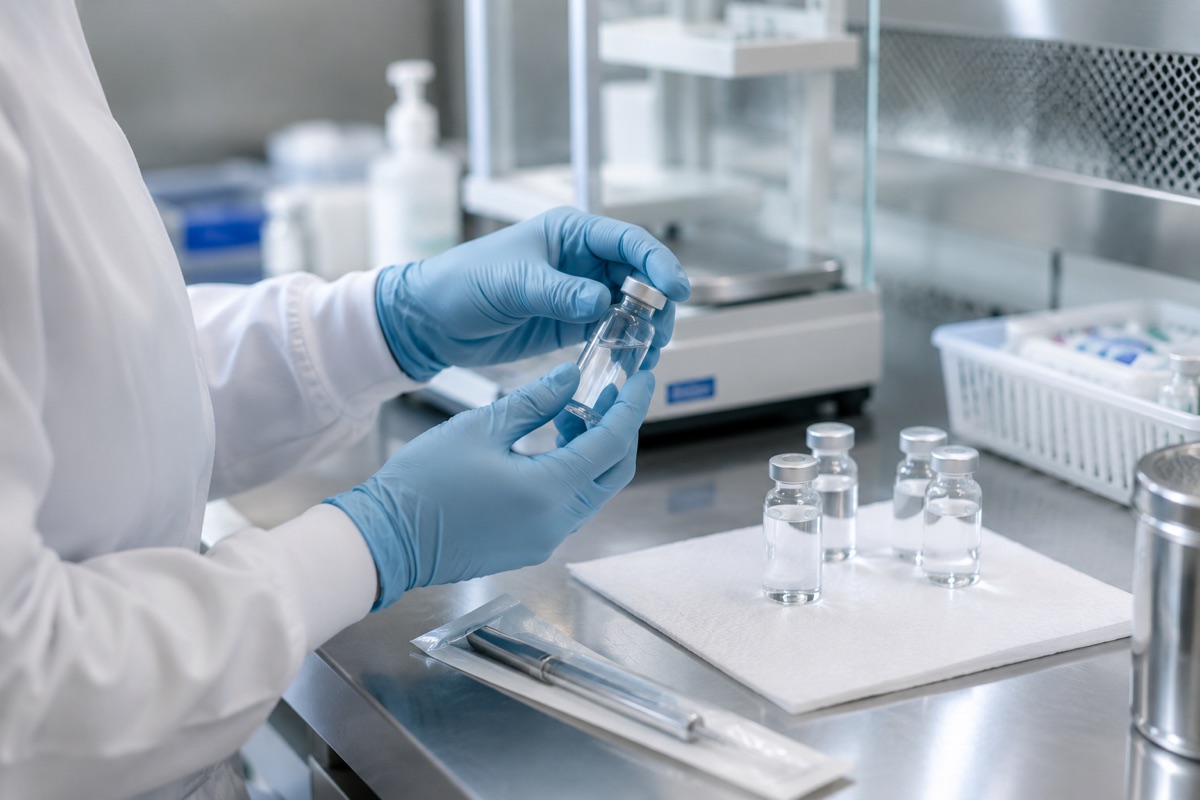 Una técnica de farmacia preparando viales en un entorno estéril