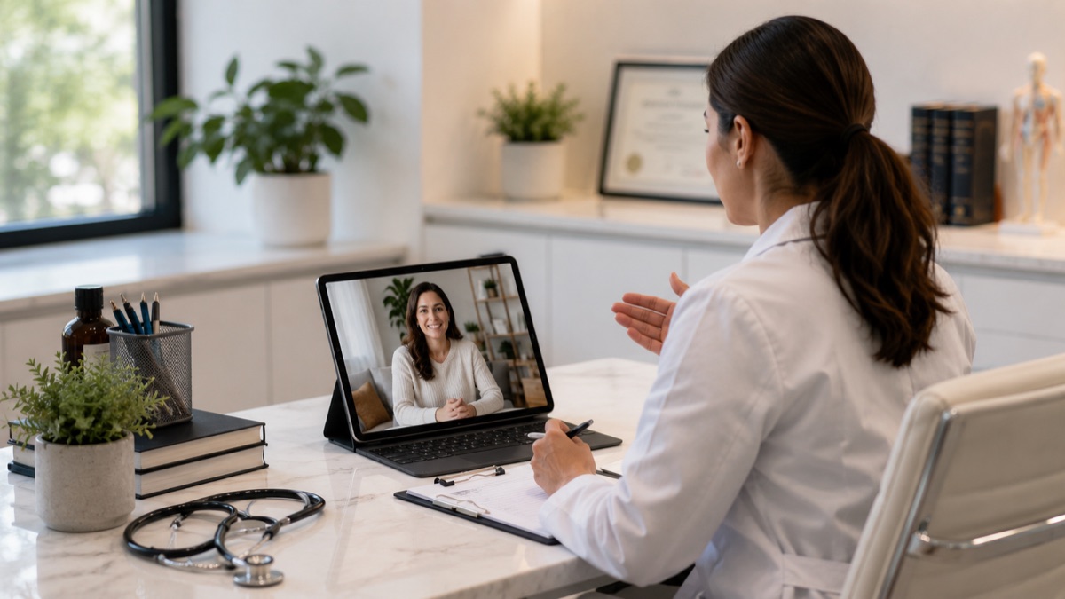 Una médica con licencia atendiendo a una paciente por videoconsulta segura
