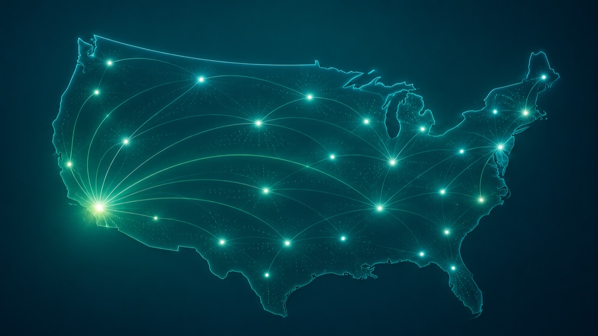 Un mapa estilizado de Estados Unidos que muestra conexión en todo el país