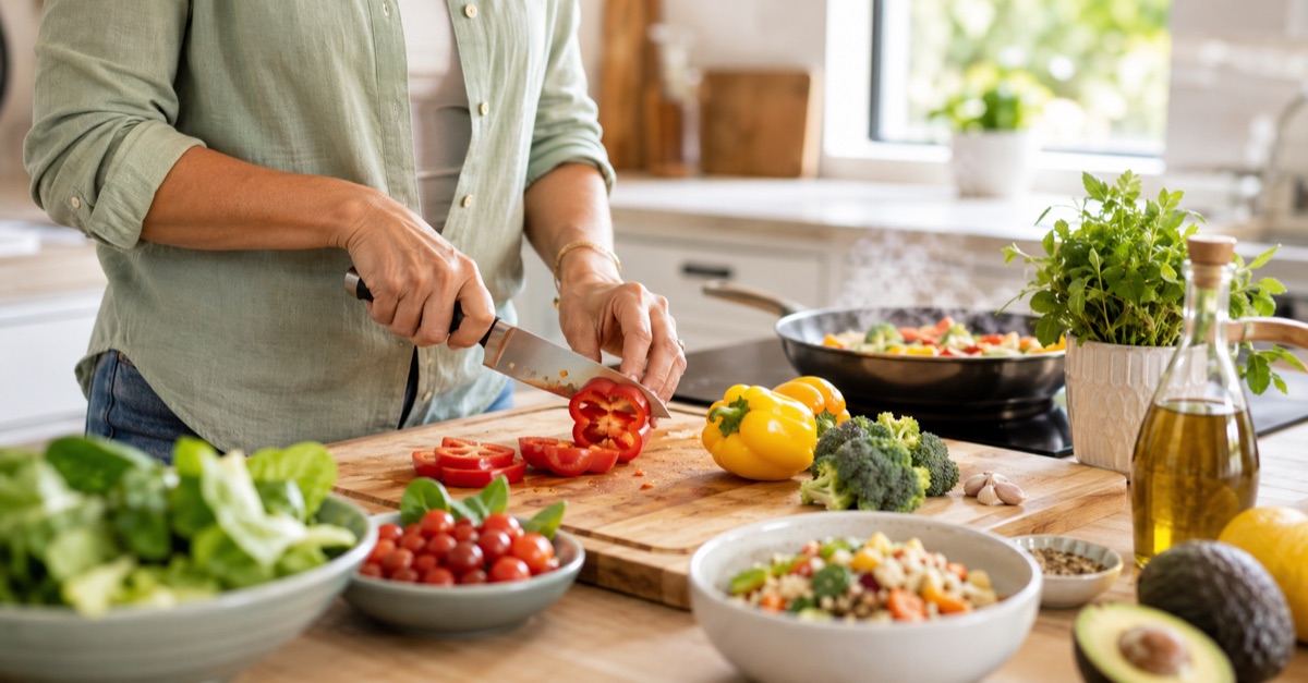 Manos preparando verduras frescas y coloridas en una cocina moderna